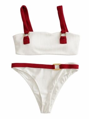 NWOT Ribbed White and Burgundy Padded Bikini Set Gold Buckles High Cut Size S